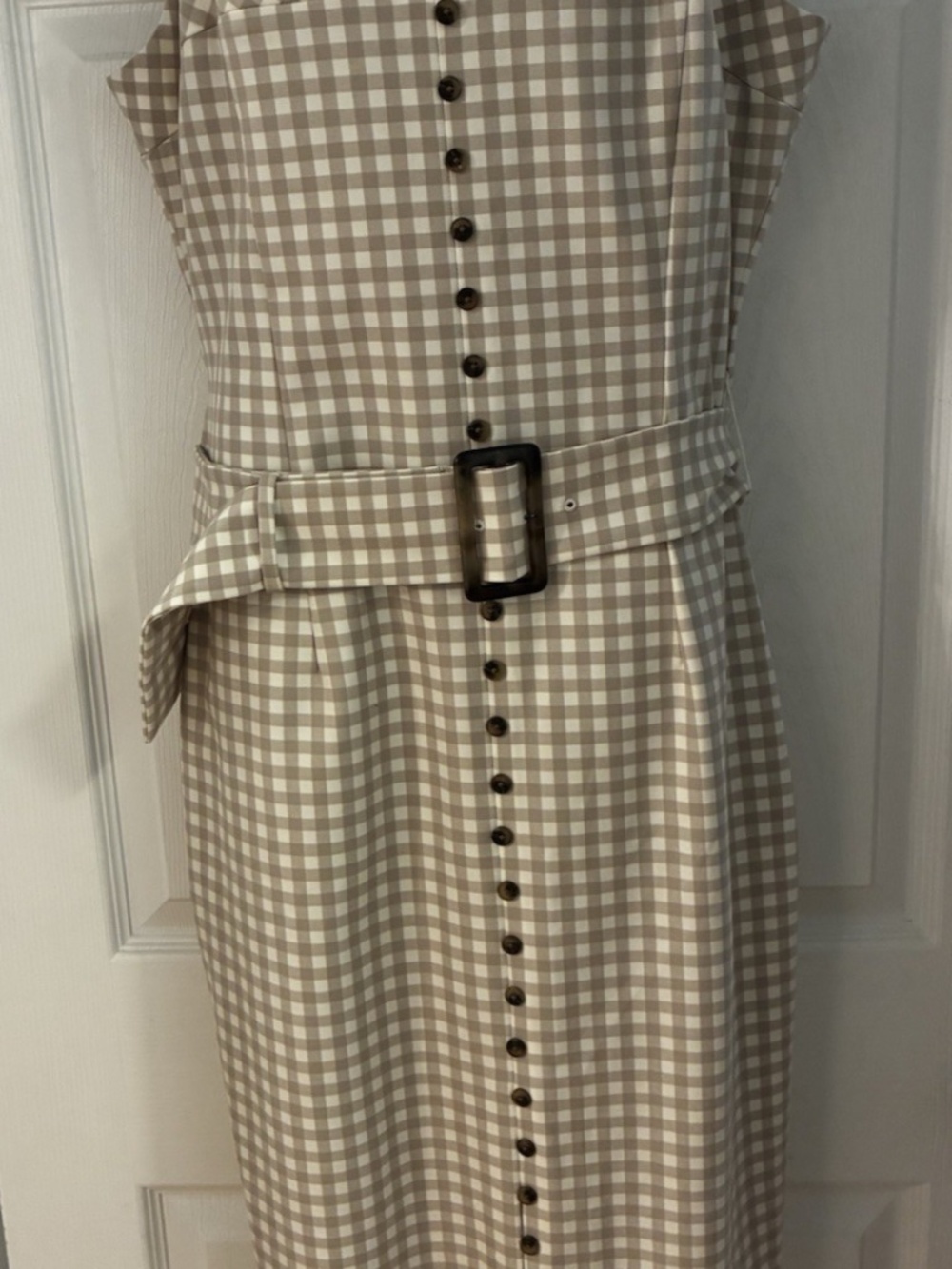 NWT $170 White House Black Market Gingham Biscotti Dress Sz 12 WHBM beige/ white - Picture 9 of 9